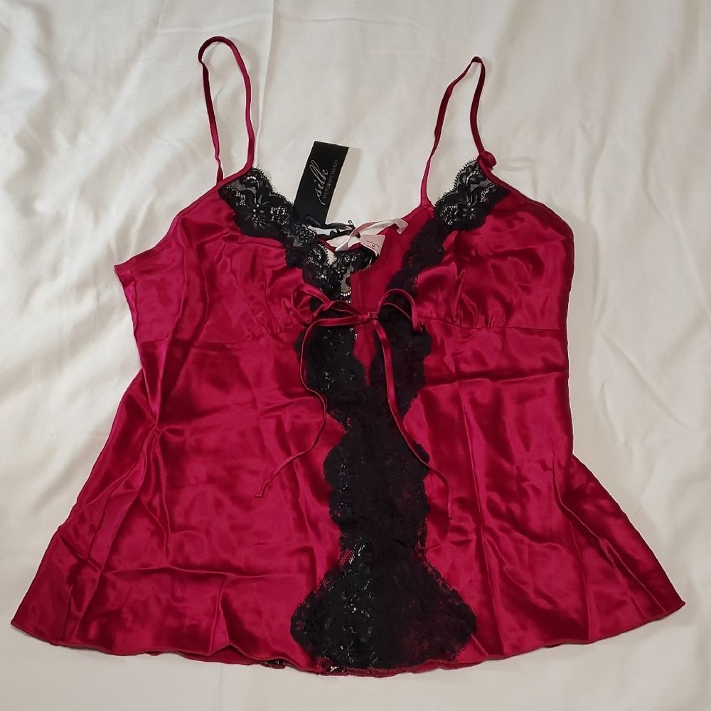 Victoria's Seacret 100% Silk Red and Black Lace Camisole, Size M